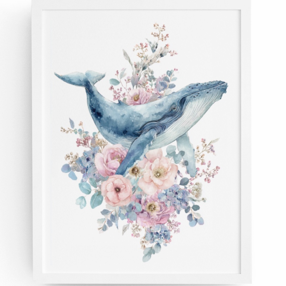 Watercolor Floral Humpback Whale Portrait Wall Art Illustration Print Unframed